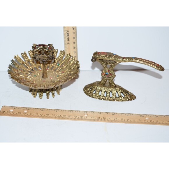 Vtg Brutalist Nuts Table Server bowl nutcracker Jerusalem Israel Lions of Judah - Picture 2 of 7